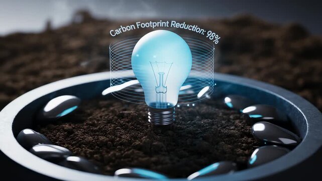 Sustainable energy innovation with glowing light bulb and carbon footprint reduction