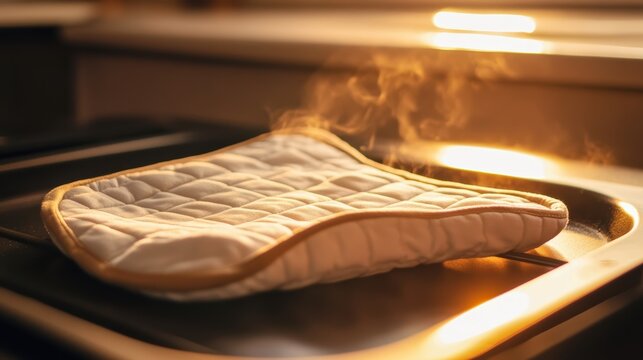 A steaming pot holder rests on a stove, illuminated by warm sunlight, highlighting its quilted texture and the cozy kitchen atmosphere.