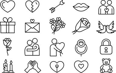 Collection of romantic and love themed icons featuring hearts couples roses and gifts for valentine s day