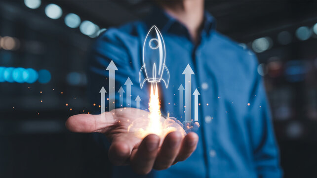 Startup Launch Concept with Rocket Illustration and Growth Arrows