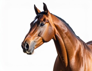 Fototapeta premium Close-up of a brown thoroughbred horse with a sleek shiny coat and alert ears against a plain white background, showcasing detailed facial features and natural beauty