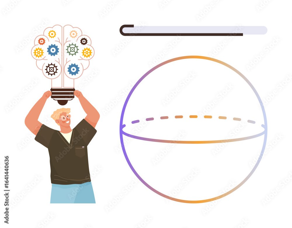 Poster man supporting light bulb filled with gears symbolizing ideas and innovation next to gradient sphere