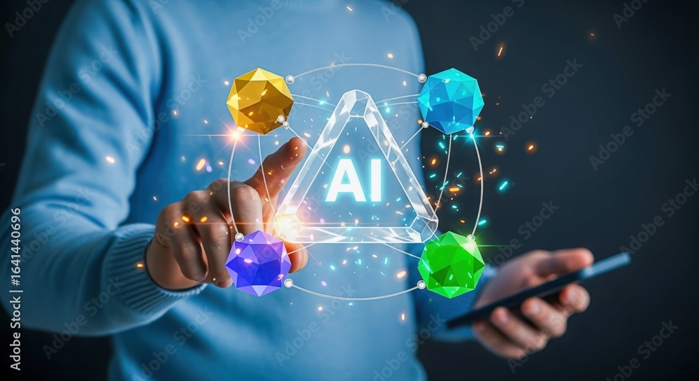 Poster ai futuristic technology concept: man interacting with holographic interface representing artificial