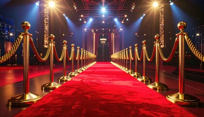 A glamorous red carpet lined with golden stanchions and bright spotlight beams