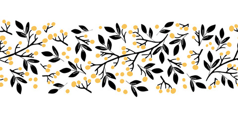 Minimal horizontal vector border featuring black branches, yellow berries, and autumn leaves. Ideal for fall-themed designs, greeting cards, wrapping paper, packaging, and textile decor