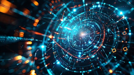 Obraz premium Intense blue digital lines radiate outwards from a central core creating an abstract tech burst.