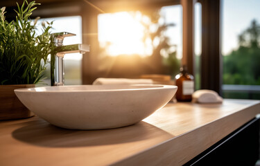 Fototapeta premium Modern bathroom sink with a plant and sunlight backdrop