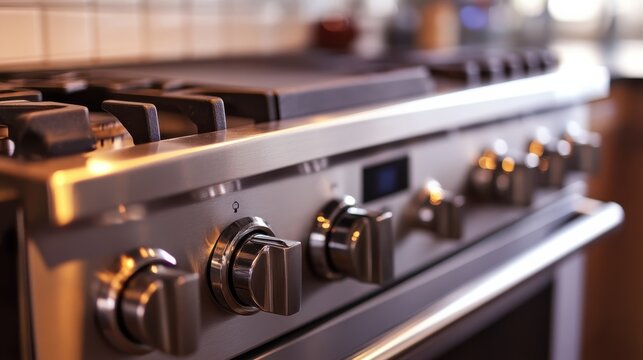 A close-up view of a modern kitchen stove with shiny knobs and burners, highlighting its sleek design and functionality.