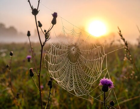 Dew-kissed spider web at sunrise (2)
