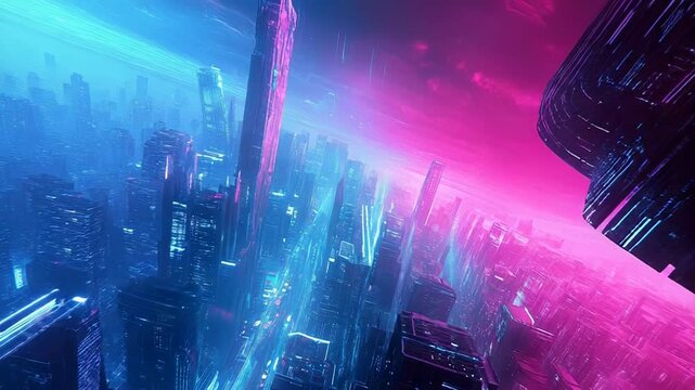 Futuristic cityscape with neon lights illuminating buildings at night
