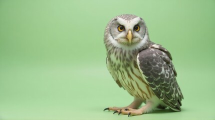 Naklejka premium Juvenile Owl with Large Yellow Eyes Standing on Green Background