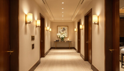 Wide-angle view of an elegant, symmetrical luxury hotel corridor with warm lighting.
