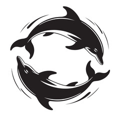 Obraz premium Two black dolphins swimming in a circle with a brushstroke effect