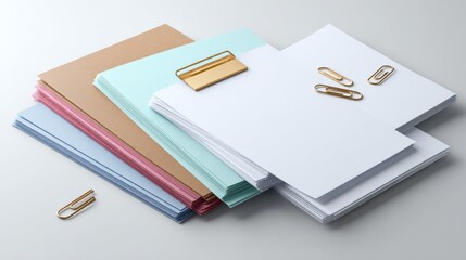 Stacks of colorful and white paper with gold clips on gray background. concept of office organization