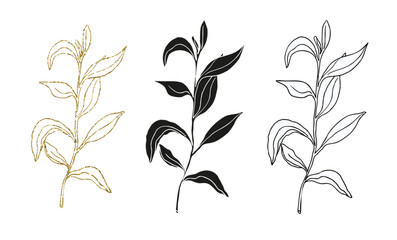 Palm leaves line art, silhouette and glitter simple hand drawn vector illustration set, isolate on white background