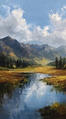 Fototapeta premium An exquisite, painterly view of a tranquil mountain landscape, where majestic peaks are reflected in the still waters of a peaceful lake, with billowing clouds casting shadows across the serene scene.