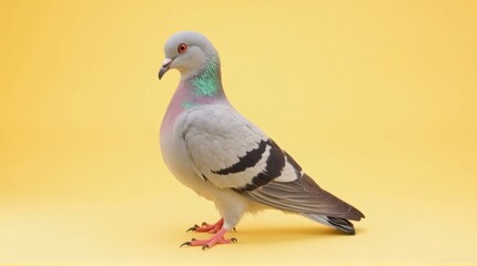 Fototapeta premium Colorful Pigeon Bird Standing on Yellow Background in Studio Setting