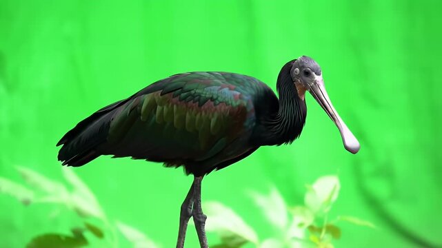 Elegant Dark Ibis Bird with Long Curved Beak and Shimmering Feathers on a Vivid Green Background