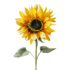 Vibrant yellow sunflower with dark center and green leaves against a stark black background