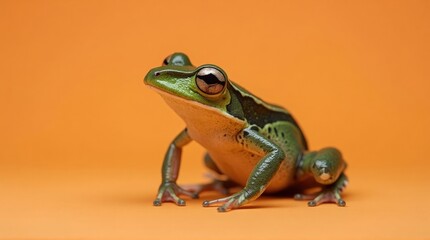 Obraz premium Green Frog with Large Eyes Sitting on Orange Background