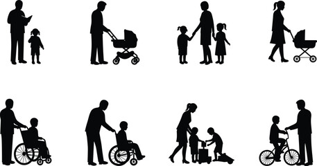 Family silhouettes, parents with children, stroller pushing, wheelchair assistance, cycling training, 