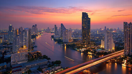 Fototapeta premium Modern City Skyline with Towering Skyscraper, Dense Architecture, and Warm Sunrise or Sunset Light