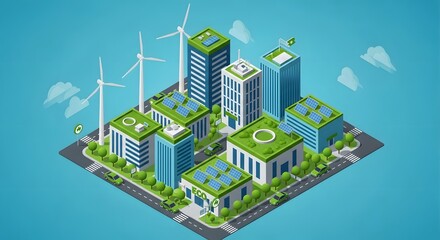 Illustrative depiction of a vibrant eco-friendly city with numerous green buildings and renewable energy sources powering its infrastructure	