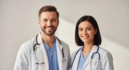 Fototapeta premium A friendly male and female doctor team smiling together at the camera, ready to assist.