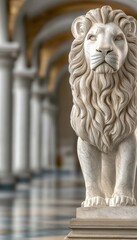 Naklejka premium Majestic Lion Sculpture Standing Proudly as a Guardian in an Ancient, Grand Hallway with Columns