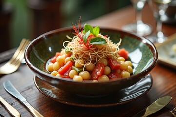 Gourmet gnocchi salad with fresh tomatoes and herbs on wooden table