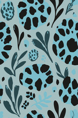 Fototapeta premium Summer Trend Abstract exotic shapes and floral leopard, jaguar themed, leaf and jungle muted and pastel colors, fashionable summer style enjoy, woman wear seamless vector art hand drawn pattern 