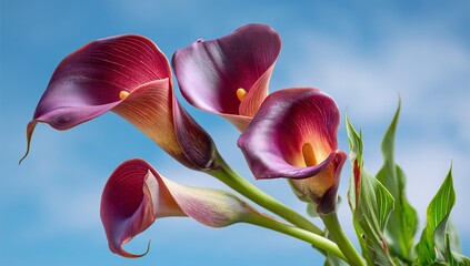 Four purple calla lilies bloom against a partly cloudy blue sky