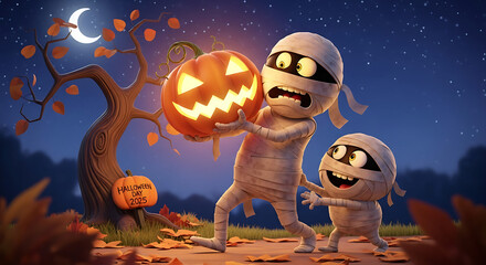 Cartoon mummies carrying jack-o'-lantern under moonlight, halloween 2025