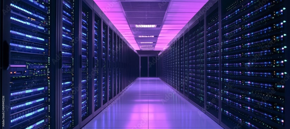 Poster a high-tech corridor of servers and data centers, showcasing a modern hub for data processing