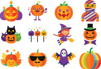 Cute halloween pumpkins and witch characters isolated on white background