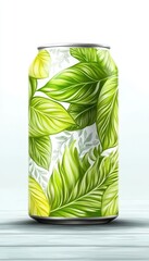 Fototapeta premium Chic Beverage Can Design with Vibrant Tropical Leaves and Refreshing Summer Aesthetic in Green