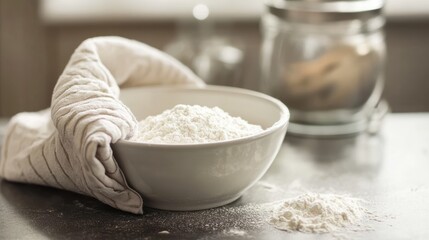Fototapeta premium A bowl of flour is held in a cloth, with a sprinkle on the surface, set in a cozy kitchen environment.