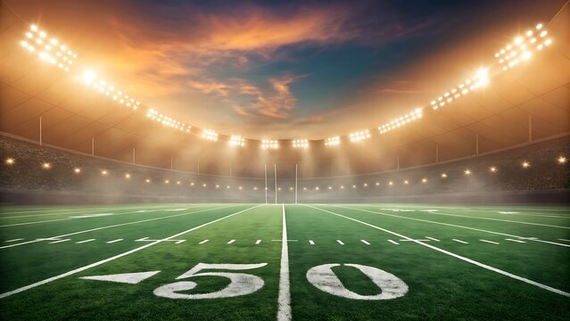 American Football Stadium at Sunset with Fifty Yard Line and Glowing Lights
- Powered by Adobe