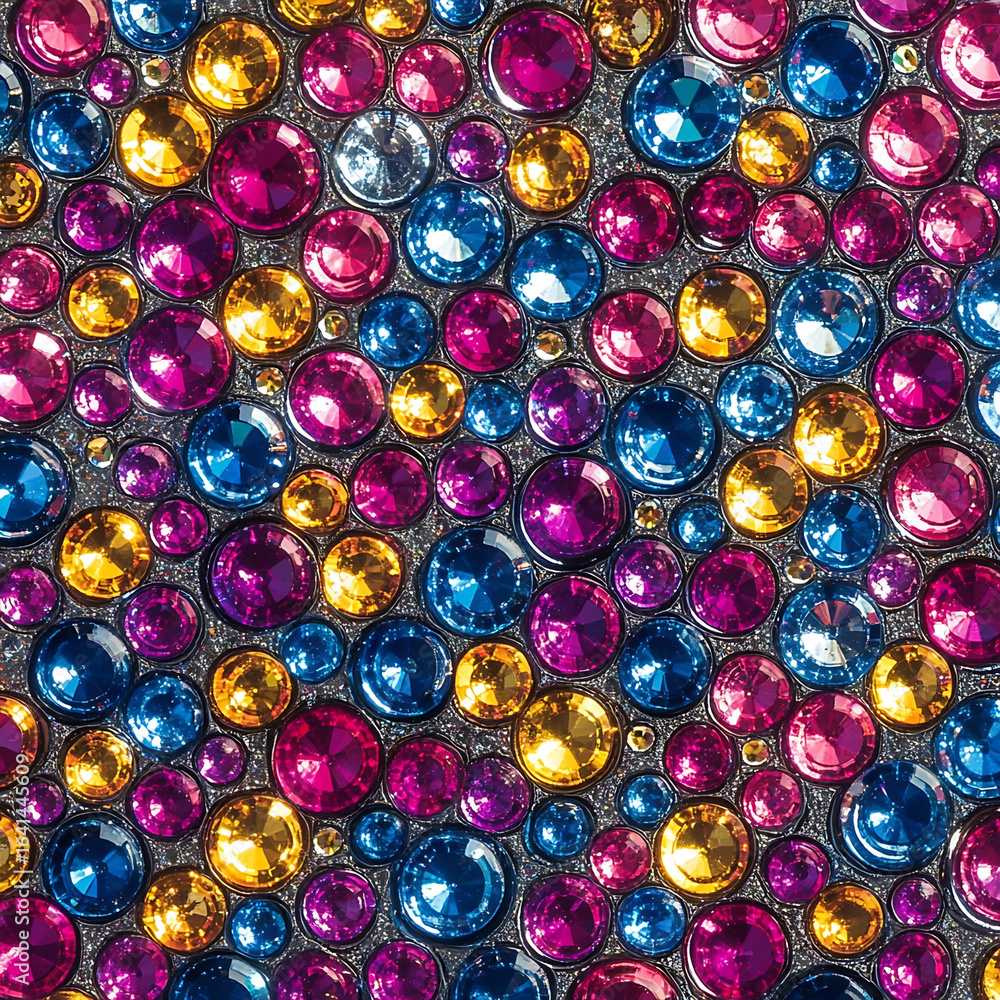 Poster vibrant and colorful pattern featuring array of shining gemstones in various sizes and hues, includi