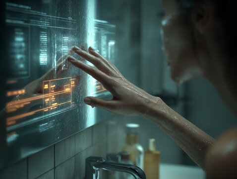 Futuristic but real morning routine with smart mirror guidance.