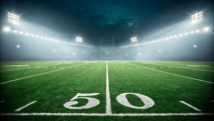 American Football Stadium Field at Night with Bright Lights and Fifty Yard Line
