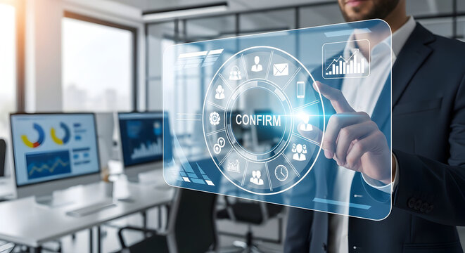 Businessman interacts with futuristic interface confirming business success and growth in a modern office setting