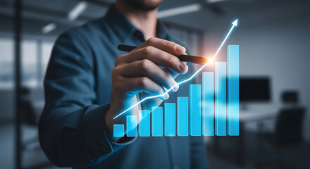Confident professional analyzes upward trending financial graph with digital stylus in modern office setting