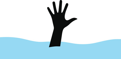 FLat design illustration hand reach up from blue water, man drown, sea drawn, swimming pool accident, need help man, life guard
