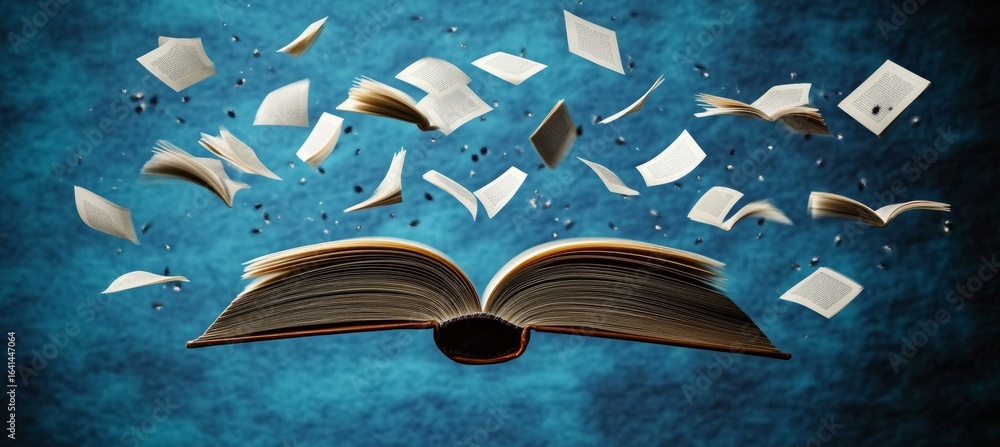 Poster flying pages from an open book symbolize the dynamic atmosphere of education and knowledge.