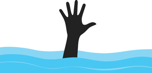 FLat design illustration hand reach up from blue water, man drown, sea drawn, swimming pool accident, need help man, life guard
