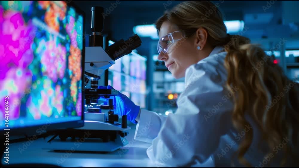 Aufkleber scientist analyzing colorful cell patterns in a laboratory environment during evening hours