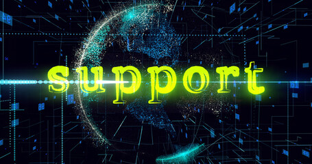 Support title, Animation of data processing over globe. Concept Artificial intelligence, new product, in-app help, customer support