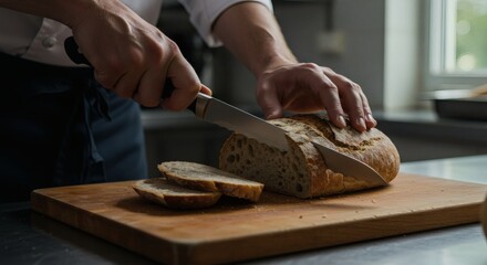 Hands Slicing Freshly Baked Artisan Bread on Wooden Board