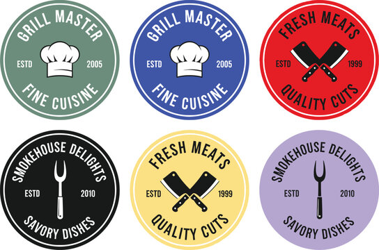 Collection of six circular restaurant and food business logo badges
